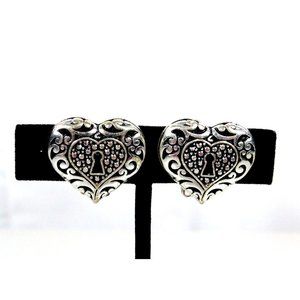 Heart Shape w/Keyhole Filigree Design Comfort Clip Earrings Silver Tone